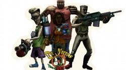A rendering of the in-game characters with the game's logo placed in front. This was used as a reference for producing the physical standing card-board cut outs for the game.