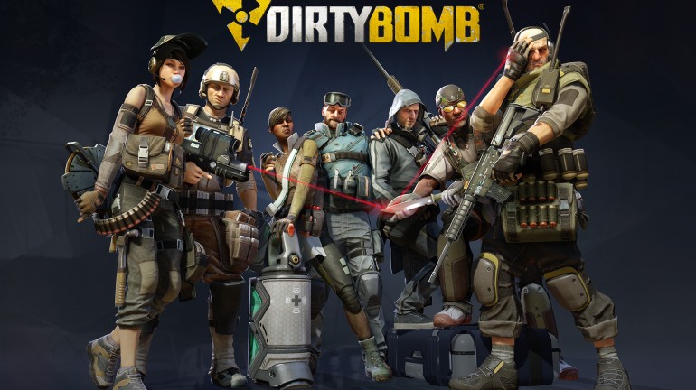 Nexon marketing material for some of the mercenaries that are featured in the game. From left-to-right, the characters are Proxy, Arty, Aura, Fragger, Vassili, Sawbonez, and Hammer.