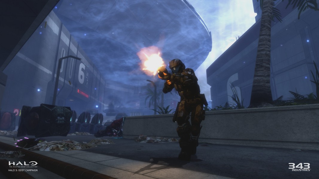 Halo 3: ODST - In-game screenshot from the campaign. A picture of an "orbital drop shock trooper" firing their rifle.