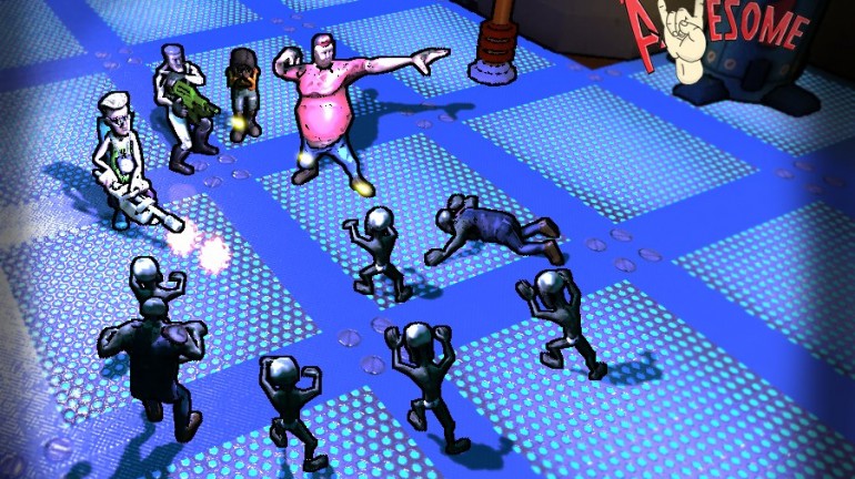 A picture of the game with some of the playable characters and enemy zombies placed in different poses.