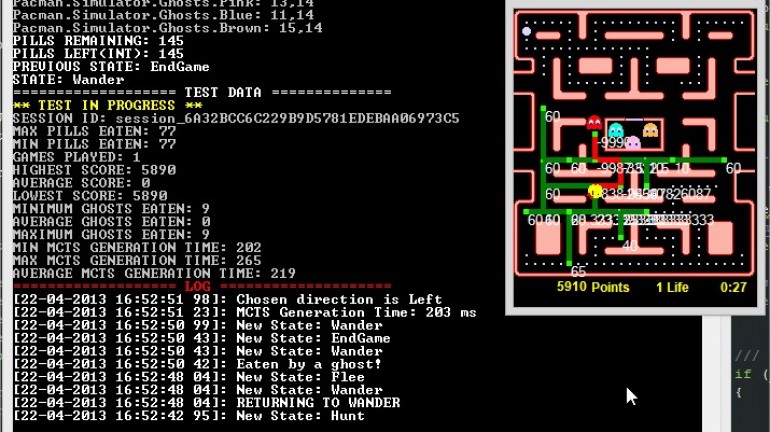 A screenshot of an instance of the Ms. Pac-Man Simulator with the AI agent running in the background.